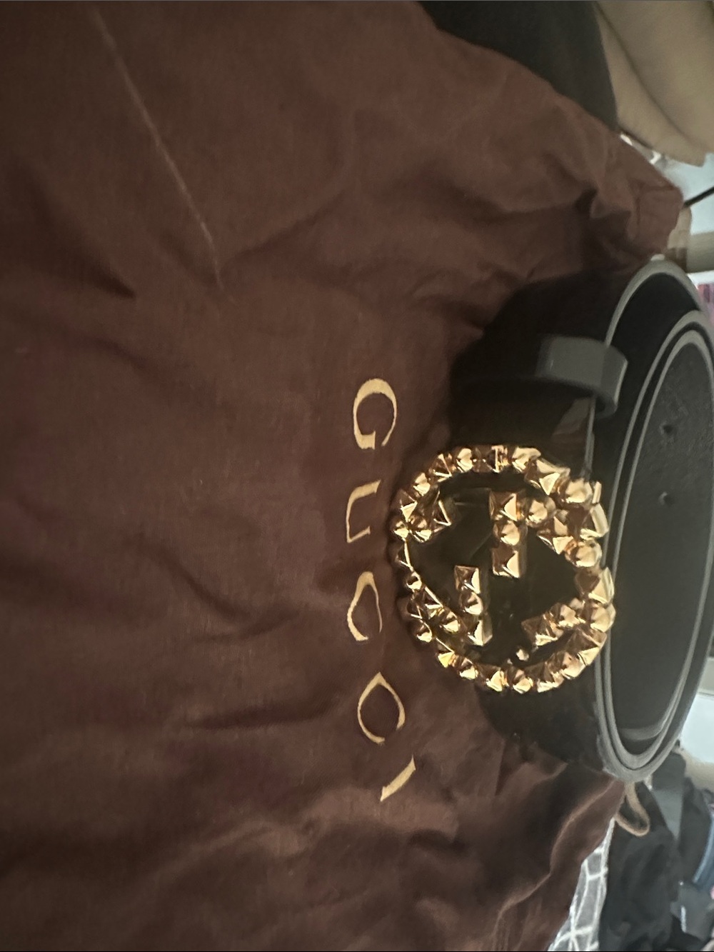 Gucci Black Leather Belt with Gold Studded Double G Buckle